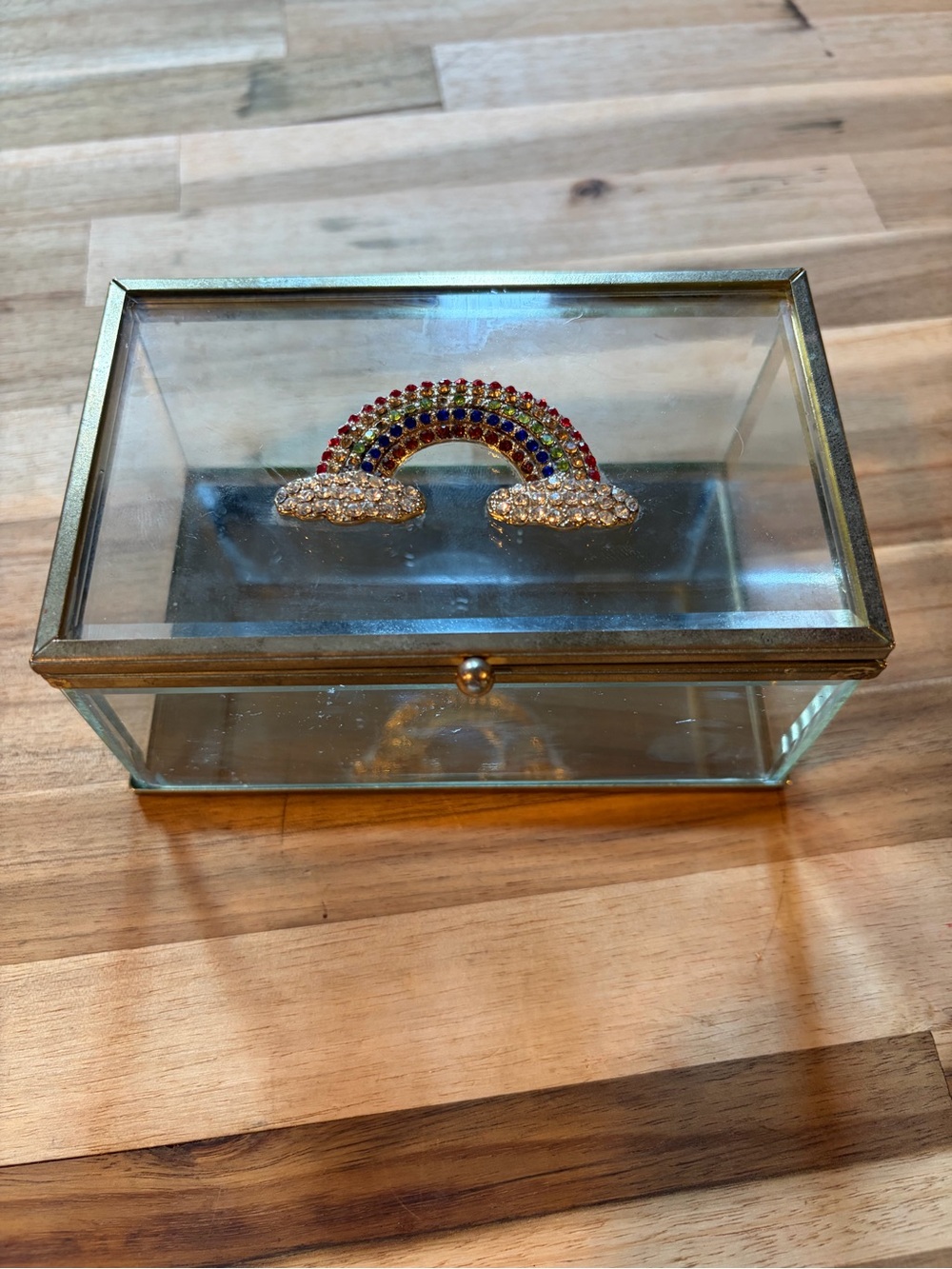 Glass Jewelry Trinket Box with Rainbow Crystal Accent
